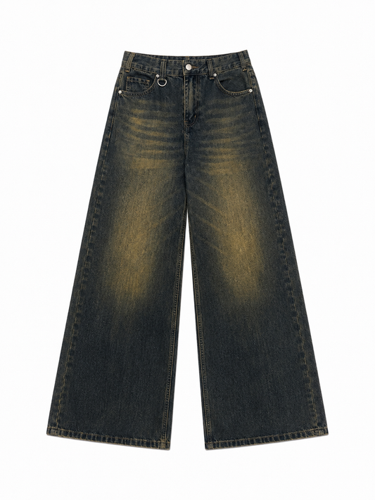 Vintage Wash Wide Leg Denim Jeans